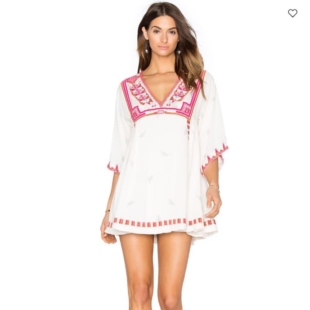Free People Tulum Embroidered Mini Dress Ivory Pink Bell Sleeve Womens Size XS
